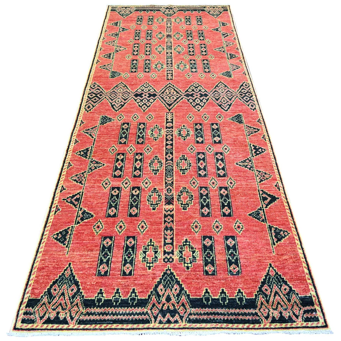 4'X9'10" Crimson Red Fine Peshawar Wool Hand Knotted Oriental Rug