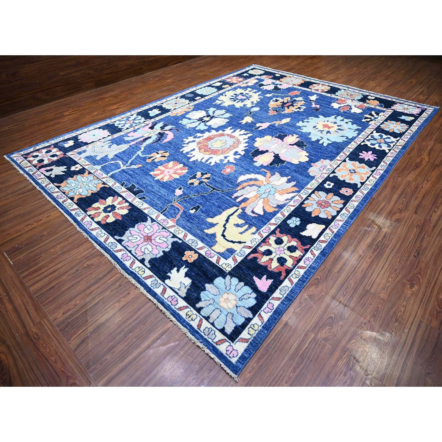 10'X13'9" Blue Hand Knotted Afghan Angora Oushak Extra Soft Wool Rug