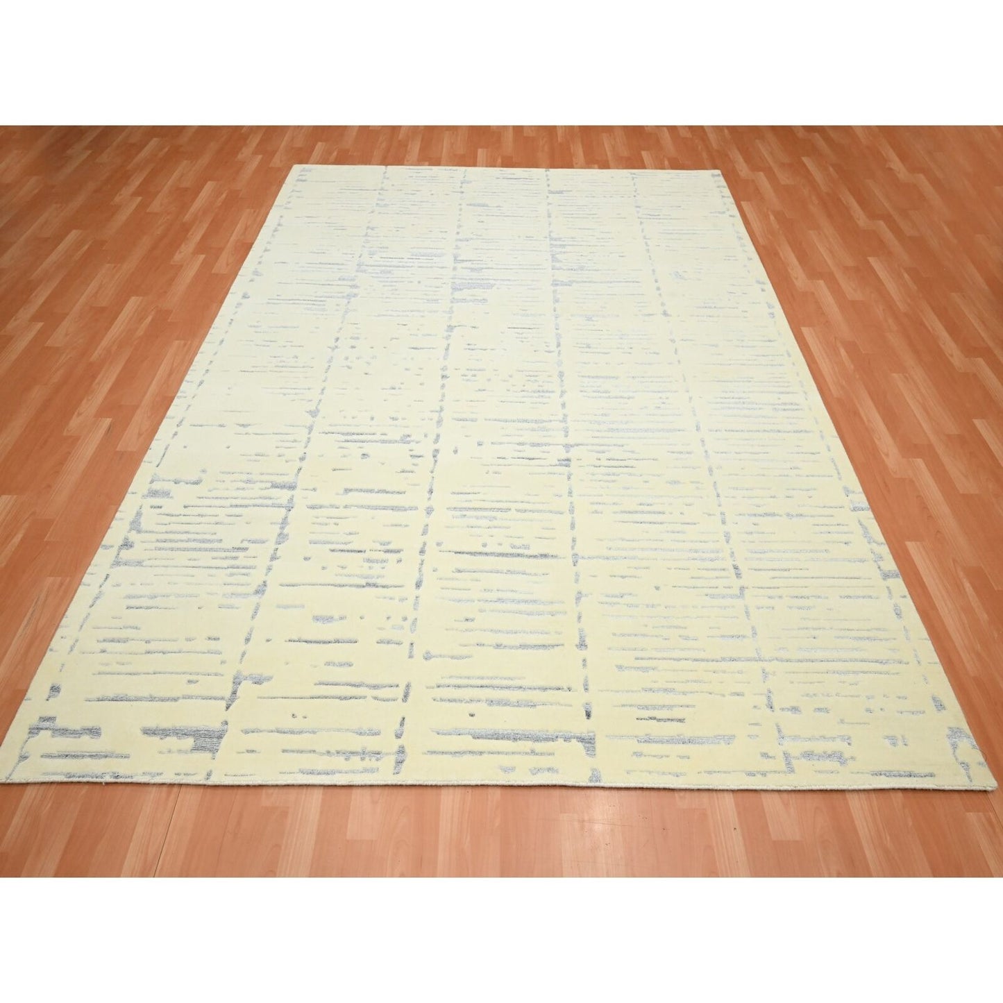 8'X9'9" White Modern Design Textured Weave Wool & Silk Hand Knotted Rug