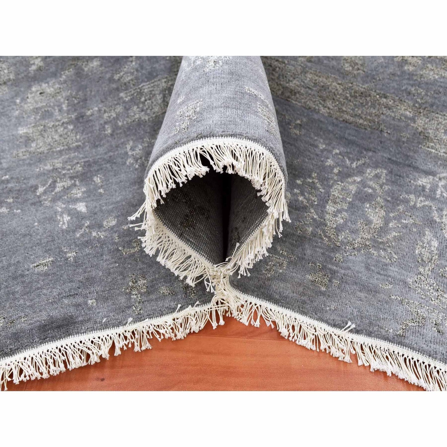 8'10"X11'8" Davy'S Gray Hand Knotted Zoroastrian Tebraz Wool And Silk Rug