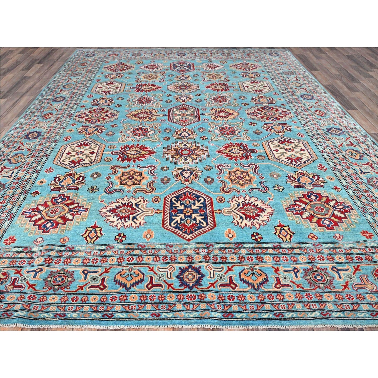 9'X12'1" Fanfare Blue Kazak Geometric Hand Knotted 100% Wool Oriental Rug