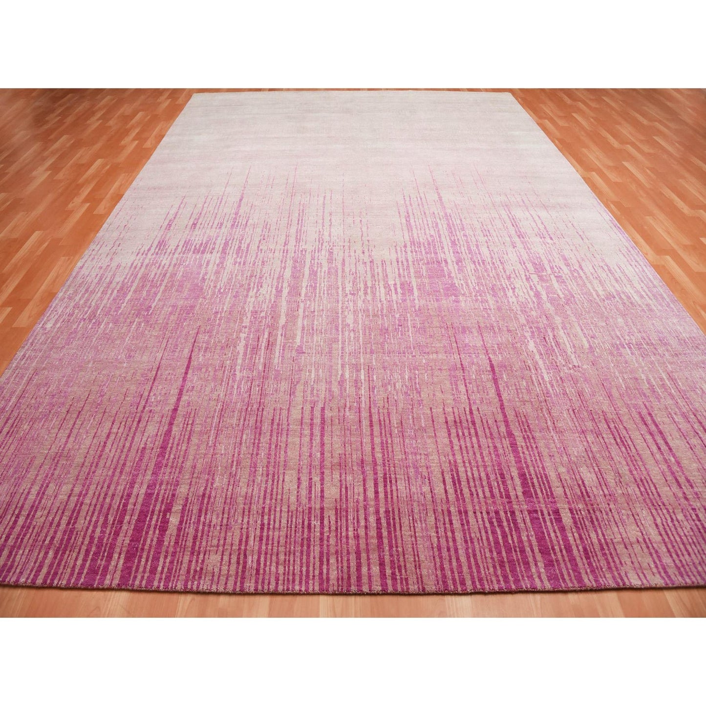 10'X14'3" Pink Natural Wool Hand Knotted Vertical Ombre Design Rug