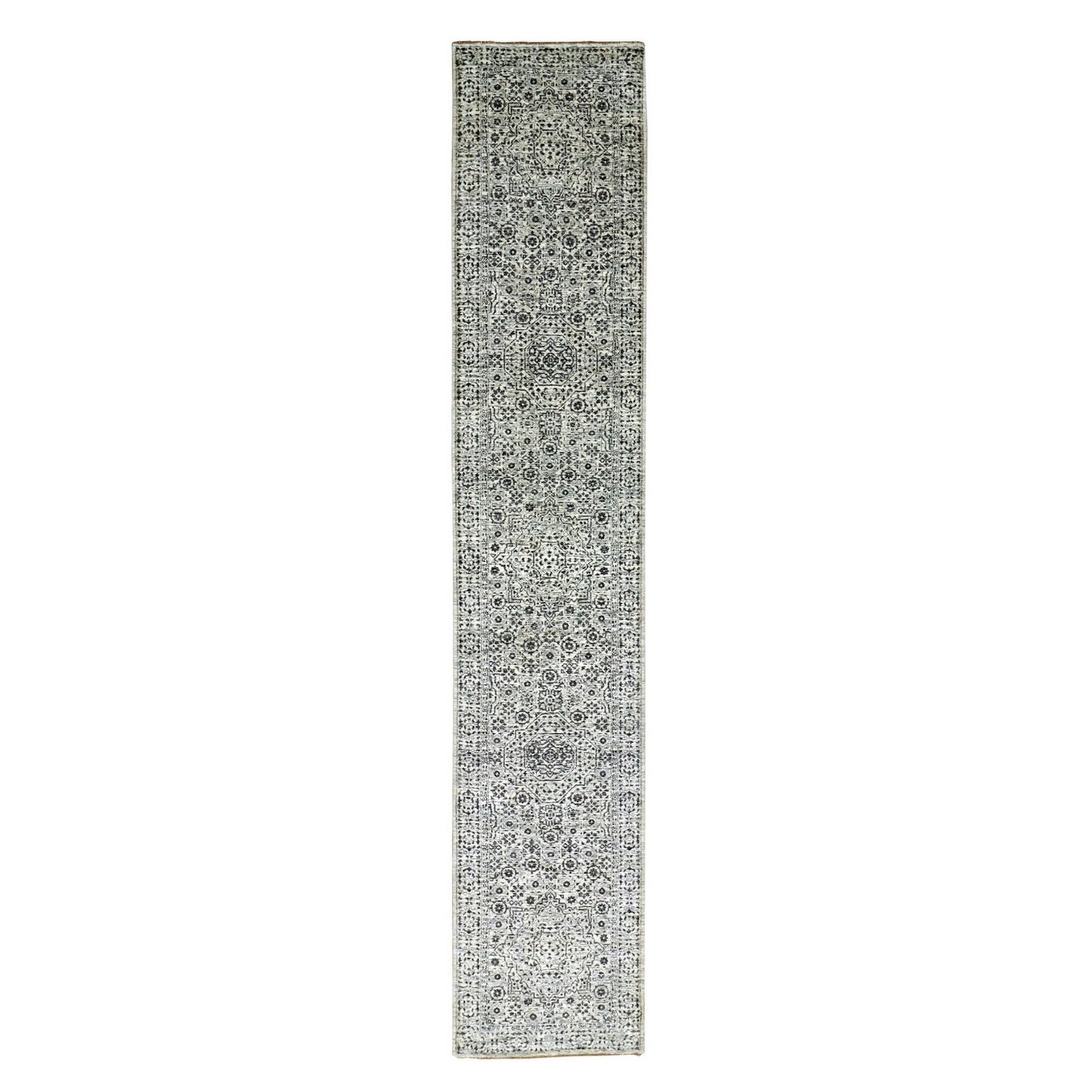 2'7"X14'1" White Mamluk Dynasty Undyed Wool Hand Knotted Runner Rug