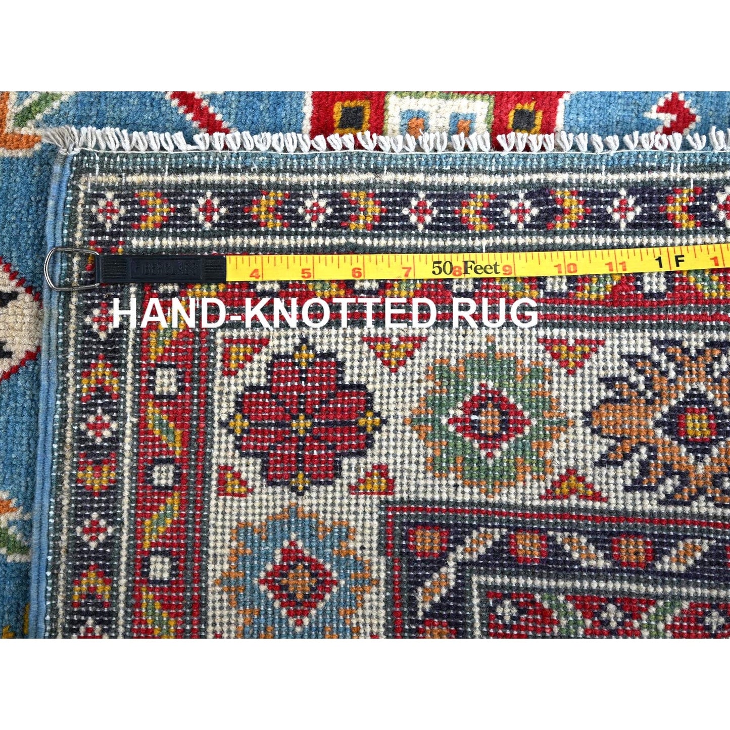 3'4"X4'10" Blue Kazak Geometric Design Hand Knotted Soft Wool Oriental Rug