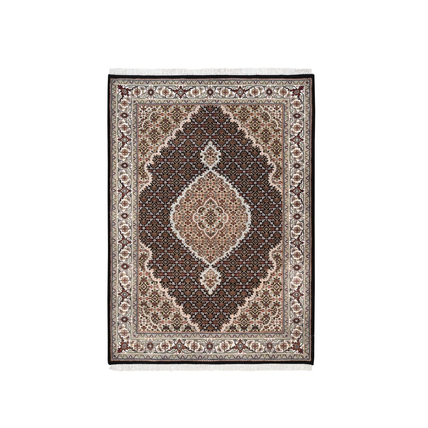 4'2"X6'1" Hand Knotted Tebraz Mahi Fish Medallion Design Wool-Silk Rug