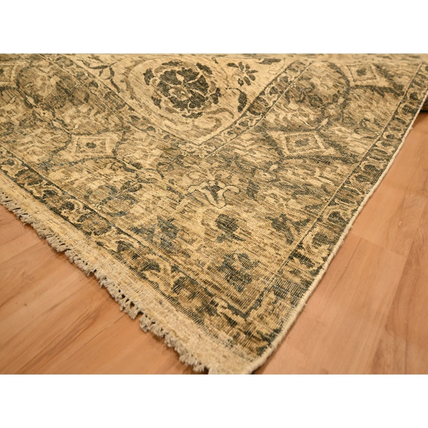 7'10"X9'9" Brown Leaf Design Natural Wool Hand Knotted Zero Pile Rug