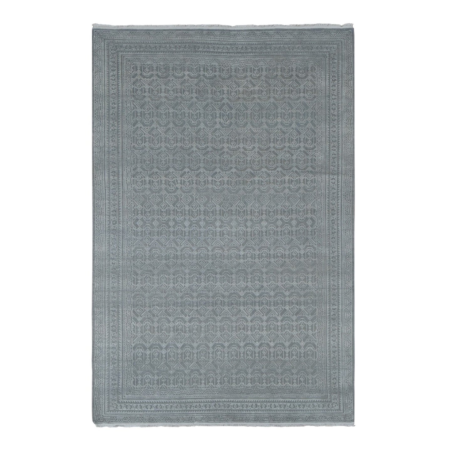 6'X9'1" Gray Silk With Wool Tone On Tone Design Hand Knotted Rug