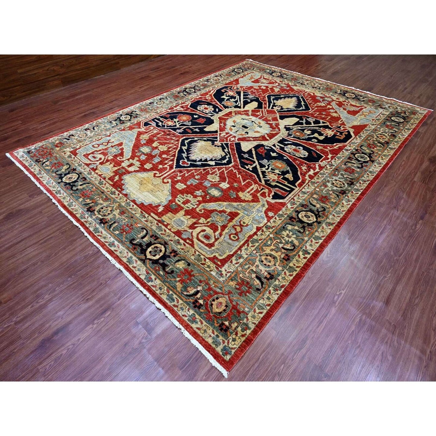 9'X12' Red Seeripe Heris With Flower Design Hand Knotted 100% Wool Rug
