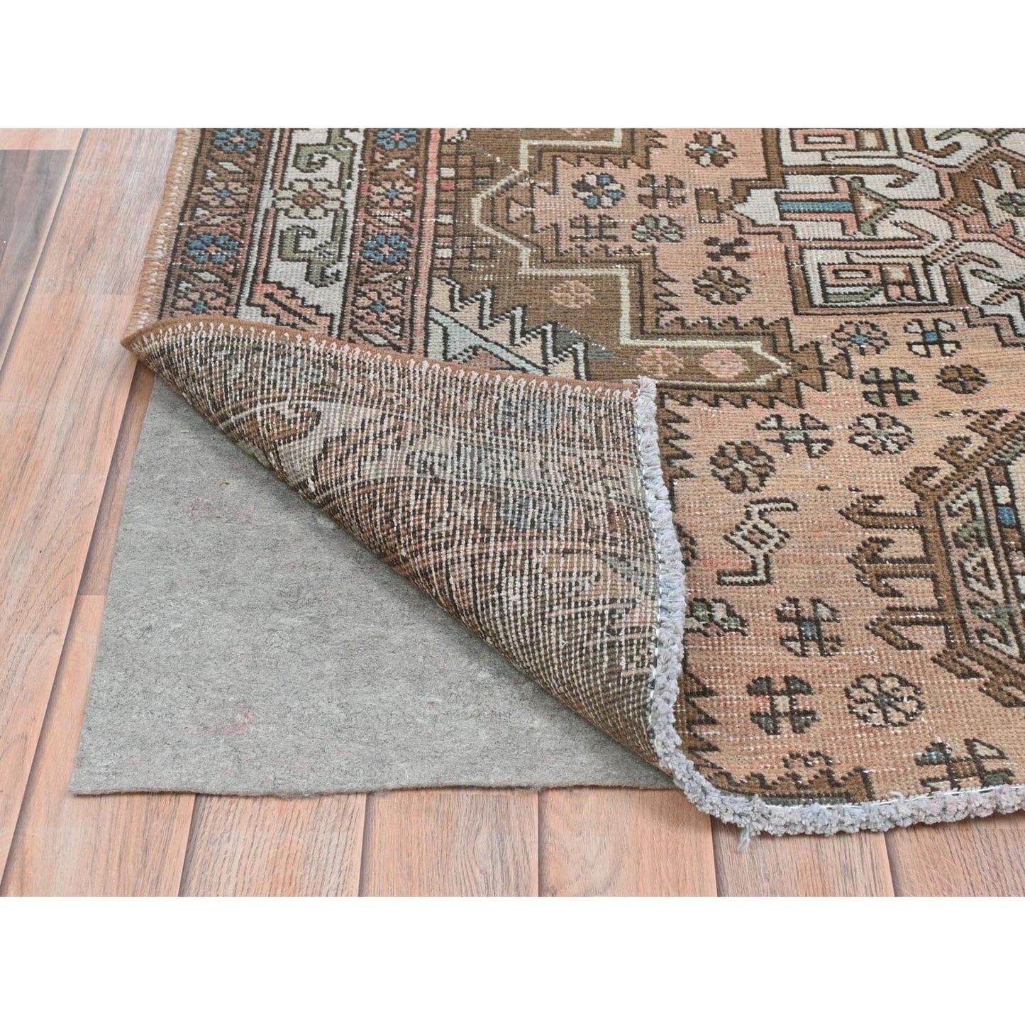 4'7"X12'9" Peach Vintage Farsian Hand Knotted Pure Wool Wide Runner Rug