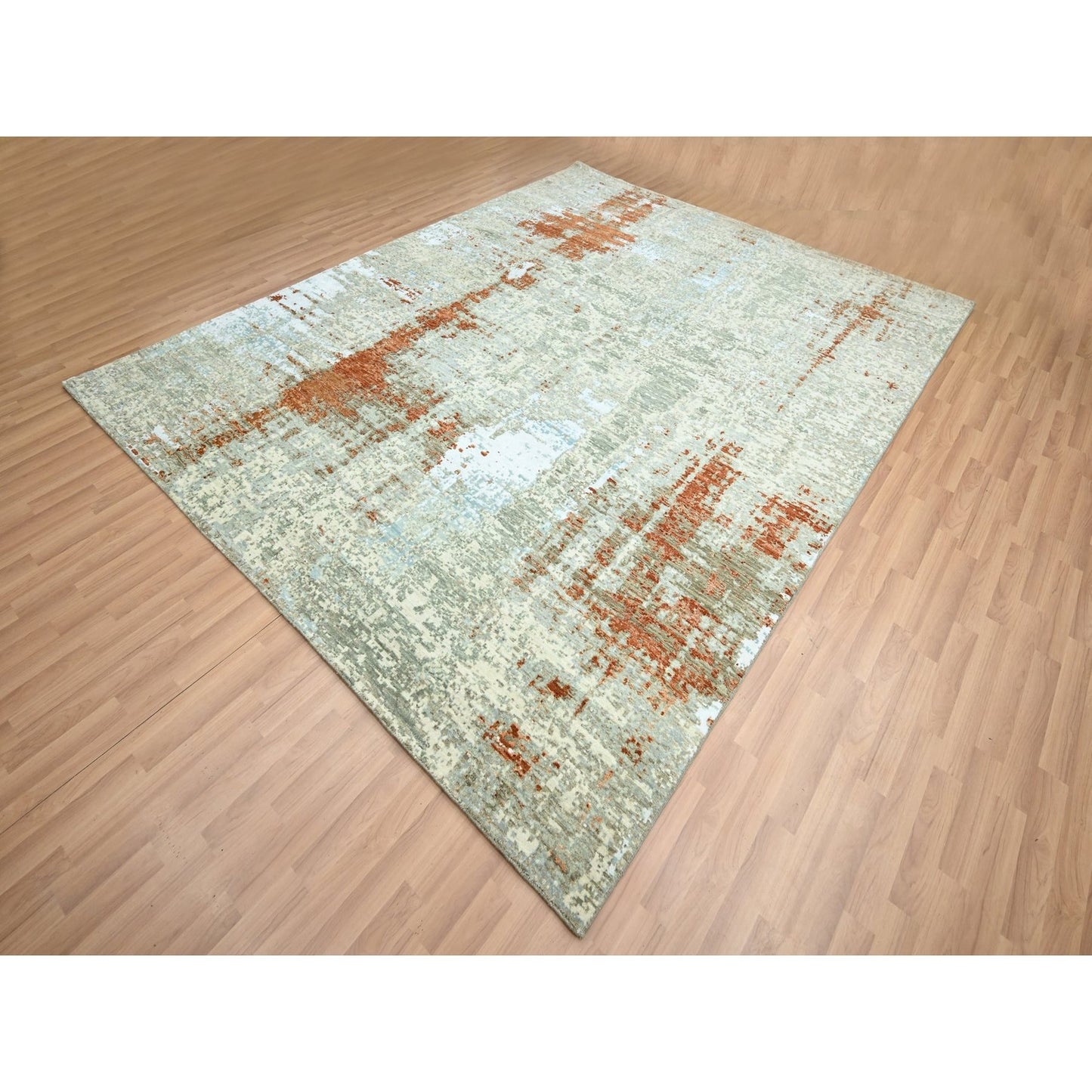 8'1"X10'3" Red With Beige Abstract Galaxy Design Wool Hand Knotted Rug