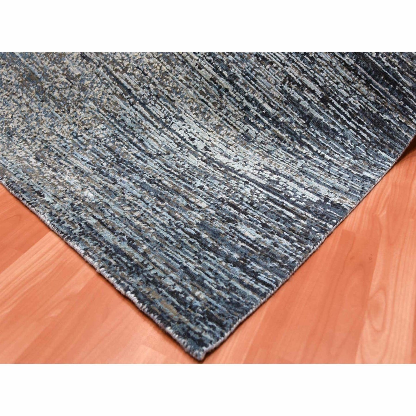 8'2"X8'2" Blue Oceanic Wool And Pure Silk Hand Knotted Square Rug