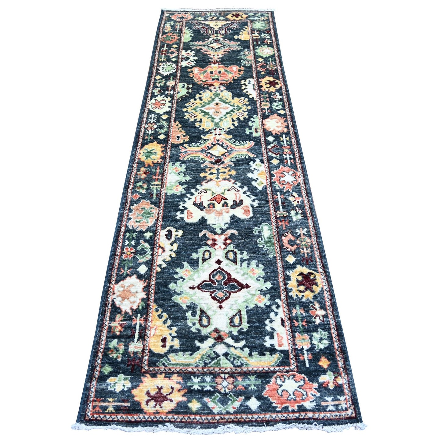 2'9"X9'9" True Black Wool Hand Knotted Afghan Angora Oushak Runner Rug
