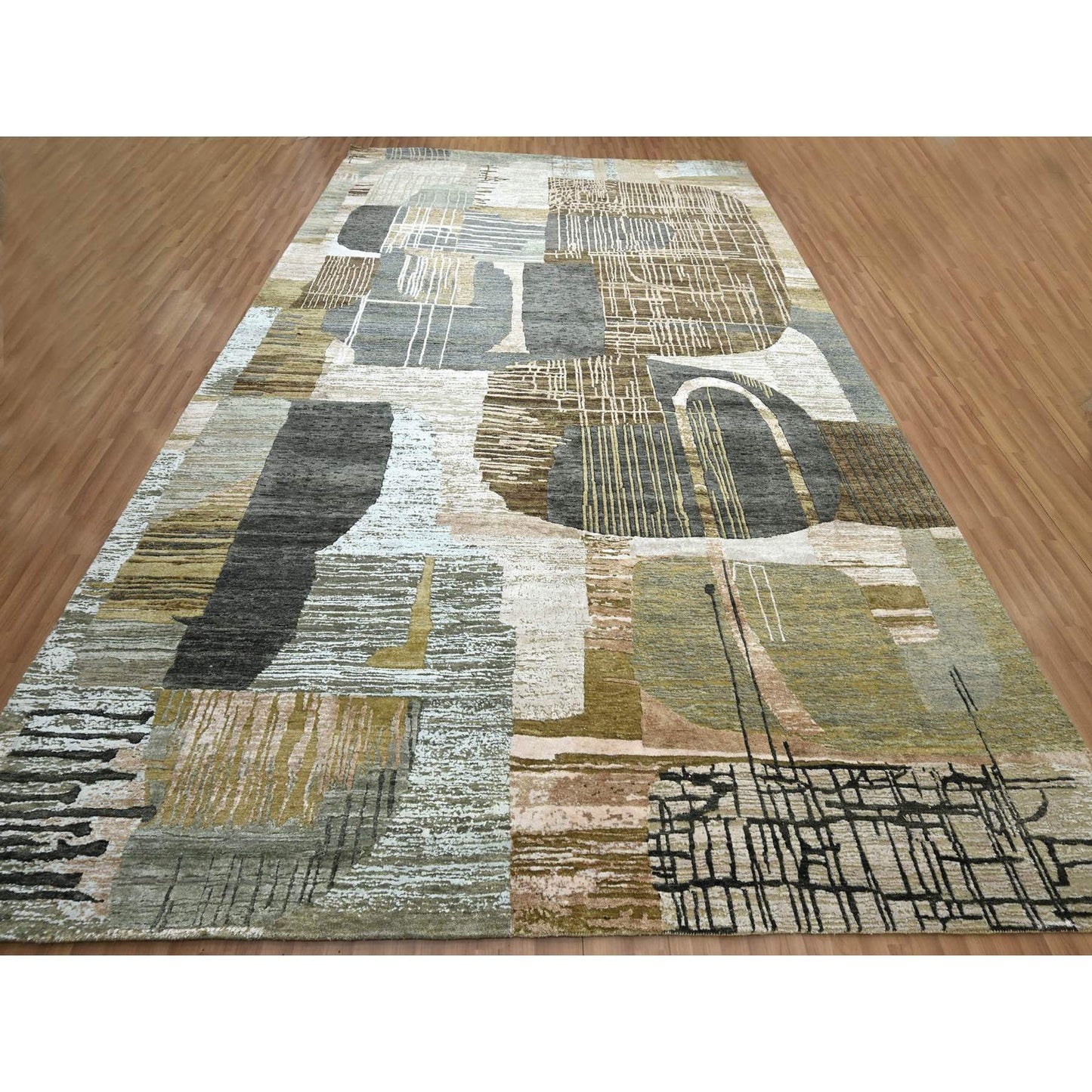 10'X14' Gray With Brown Hand Knotted Abstract Geometric Pattern Wool Rug
