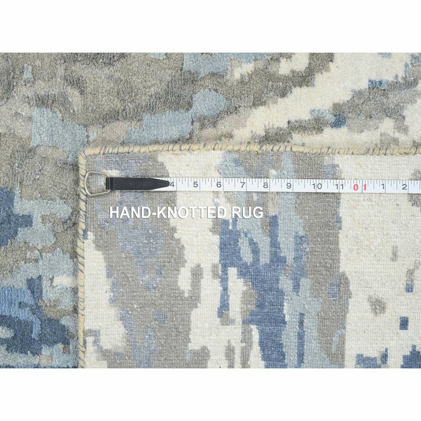 4'2"X11'9" Blue Modern Design Wool And Silk Hand Knotted Wide Runner Rug