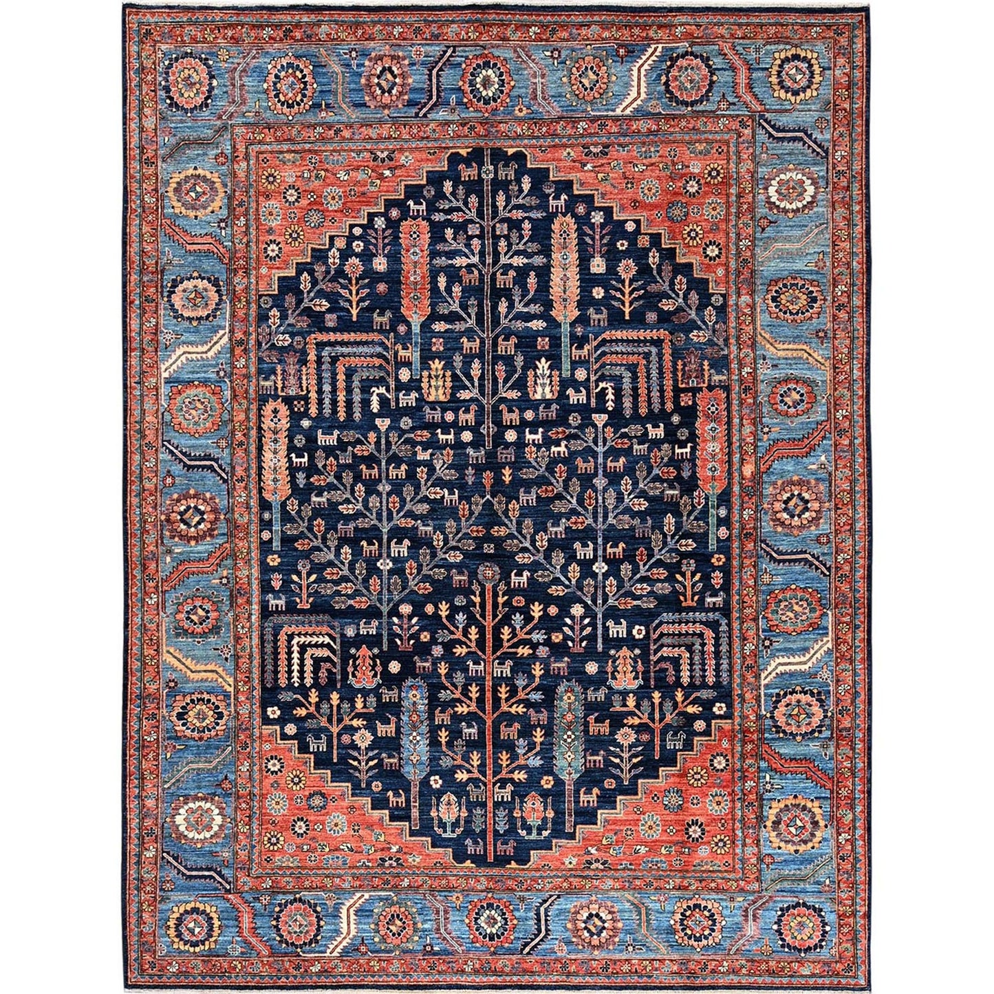 9'2"X12'1" Yale Blue Willow And Cypress Tree Design Wool Hand Knotted Rug