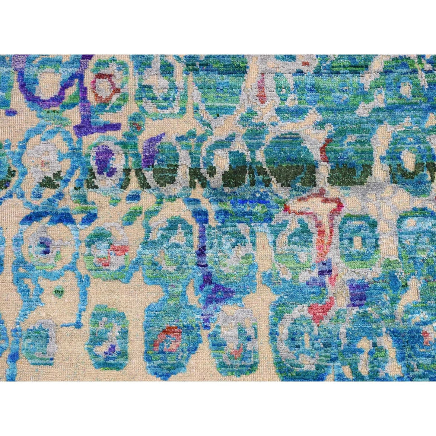 3'X12'4" Admiral Blue The Peacock Sari Silk Hand Knotted Runner Rug