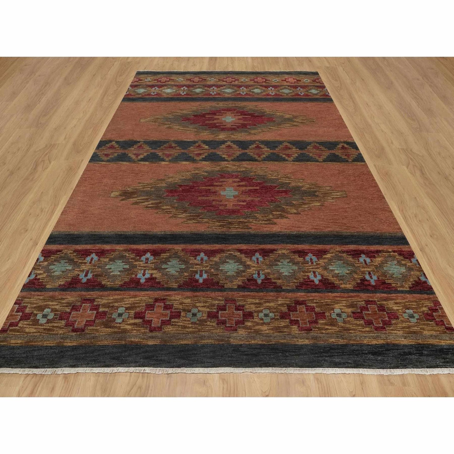9'1"X12'1" Senna Brown Southwestern Design Hand Knotted Pure Wool Rug