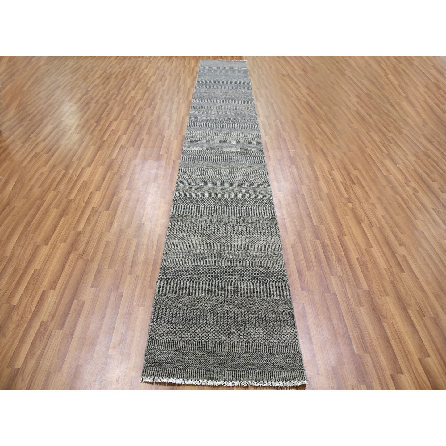 2'5"X15'10" Gray Grass Design Hand Knotted Undyed Wool Xl Runner Rug