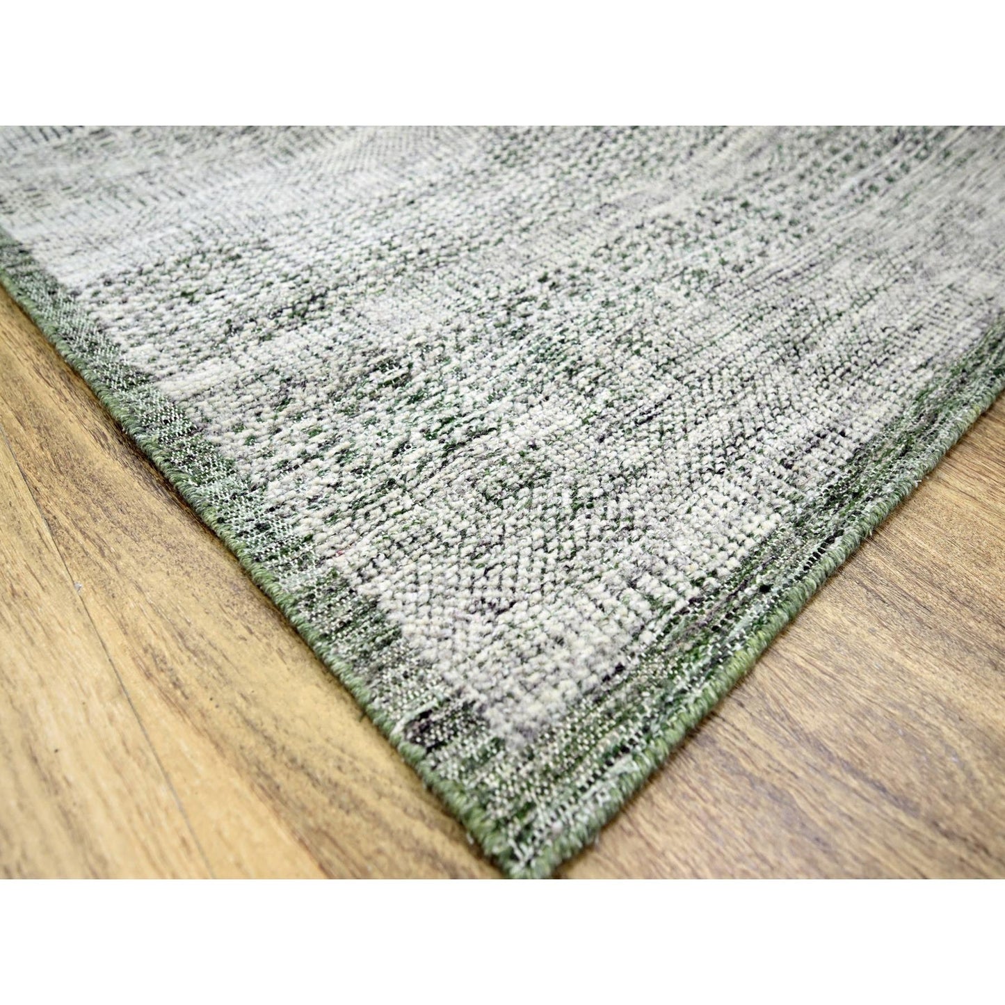 9'X12'1" White With Green Oxidized Grass Design Wool Hand Knotted Rug
