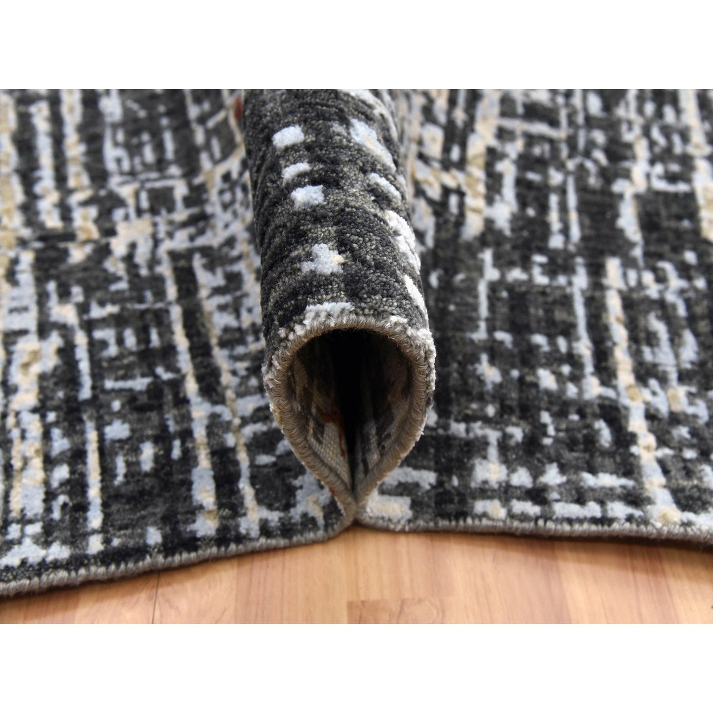 9'X12'4" Jet Black Organic Wool Hand Knotted Abstract Design Rug
