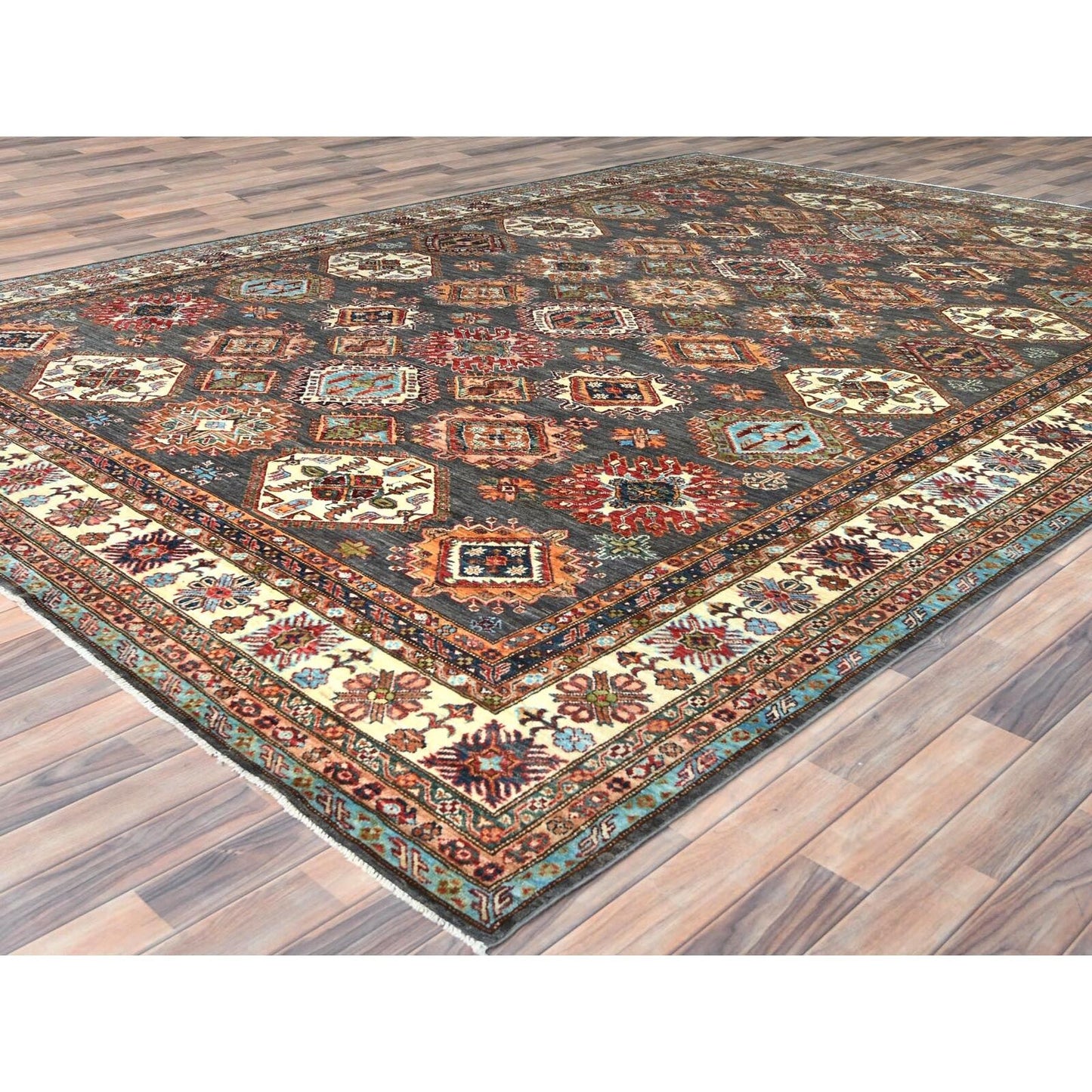 10'3"X13'10" Stone Gray Soft Wool Hand Knotted Afghan Super Kazak Rug