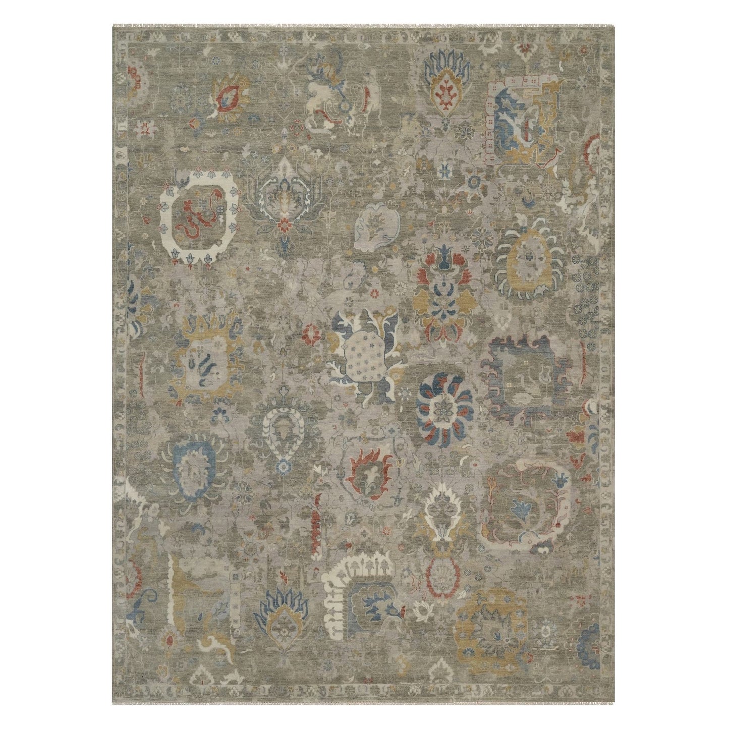 9'X12'1" Gray Broken Pattern Oushak Design Hand Knotted Rug Pure Wool