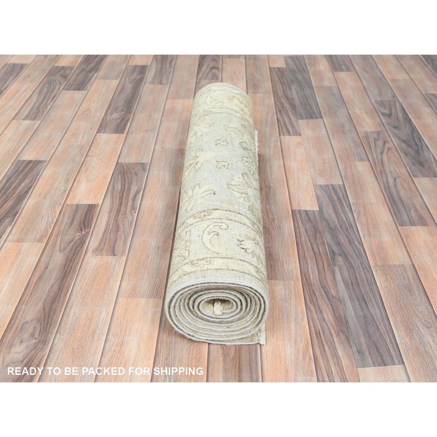 2'9"X9'7" Ivory Hand Knotted Afghan Stone Washed Peshawar Wool Runner Rug