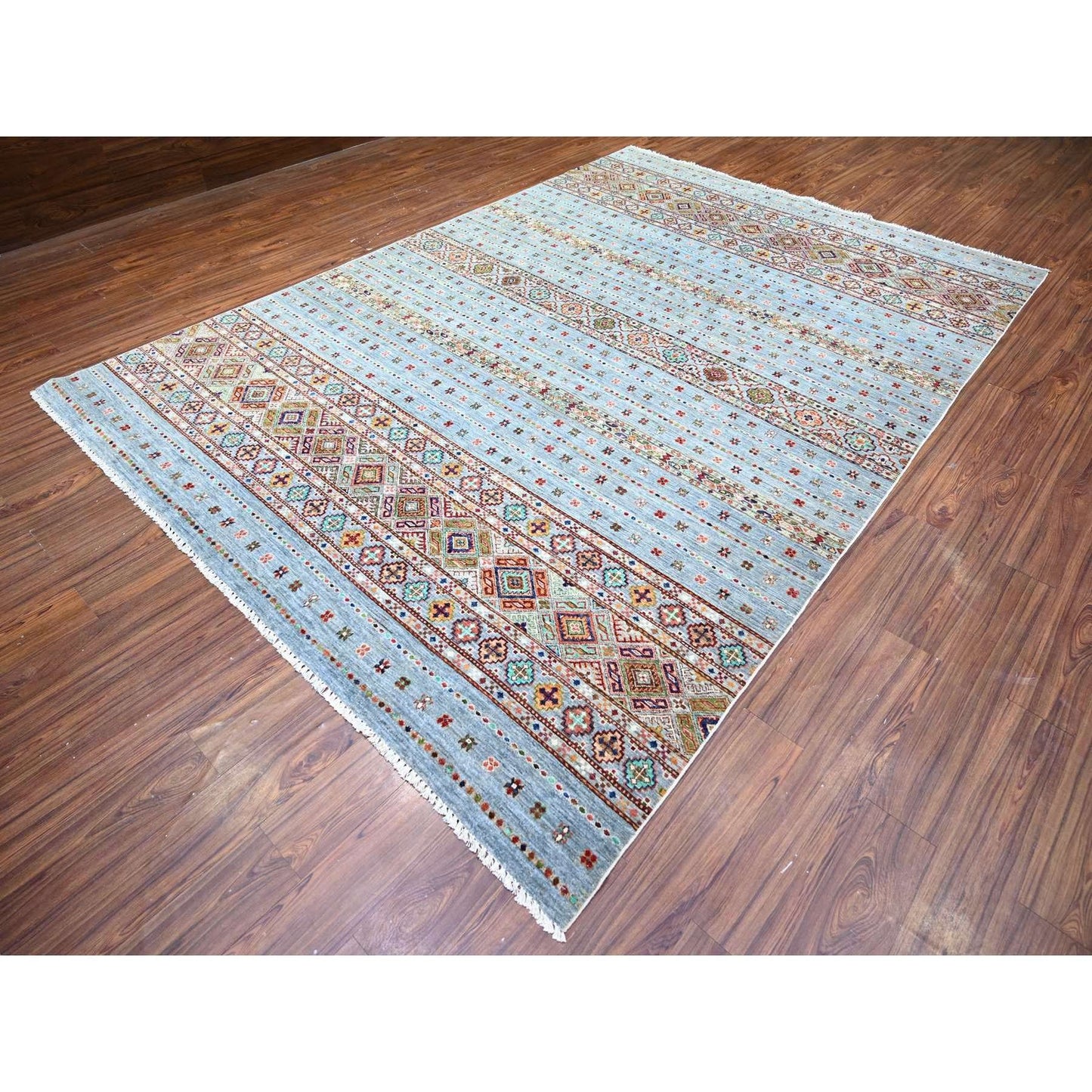 8'2"X11'10" Blue Gray Super Kazak Khorjin Design Hand Knotted Wool Rug