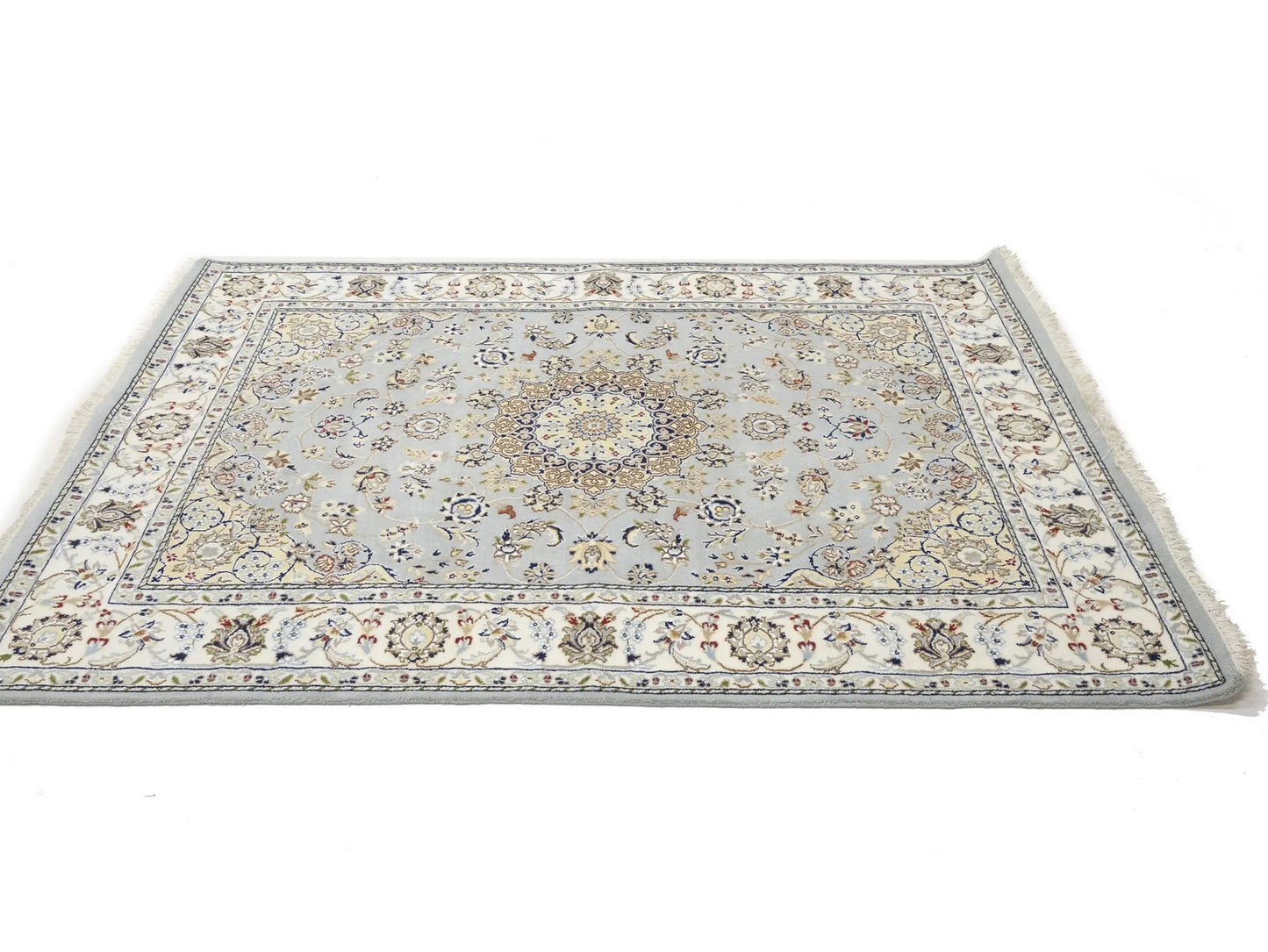 Wool Silk Indo-Nain Blue Gray 5X7 Ft Oriental Rug