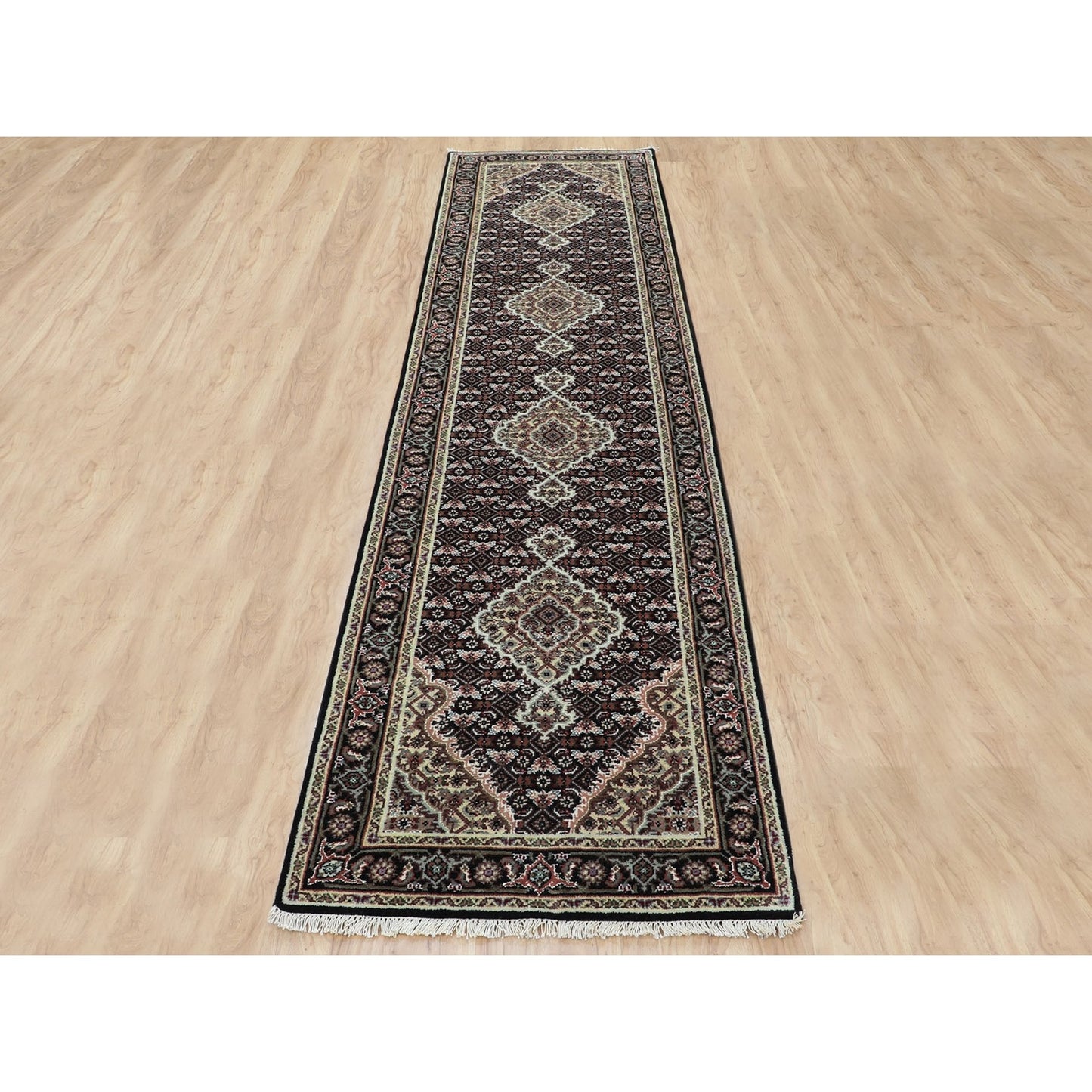2'6"X10'1" Black Tebraz Mahi Fish Design Runner Hand Knotted Rug