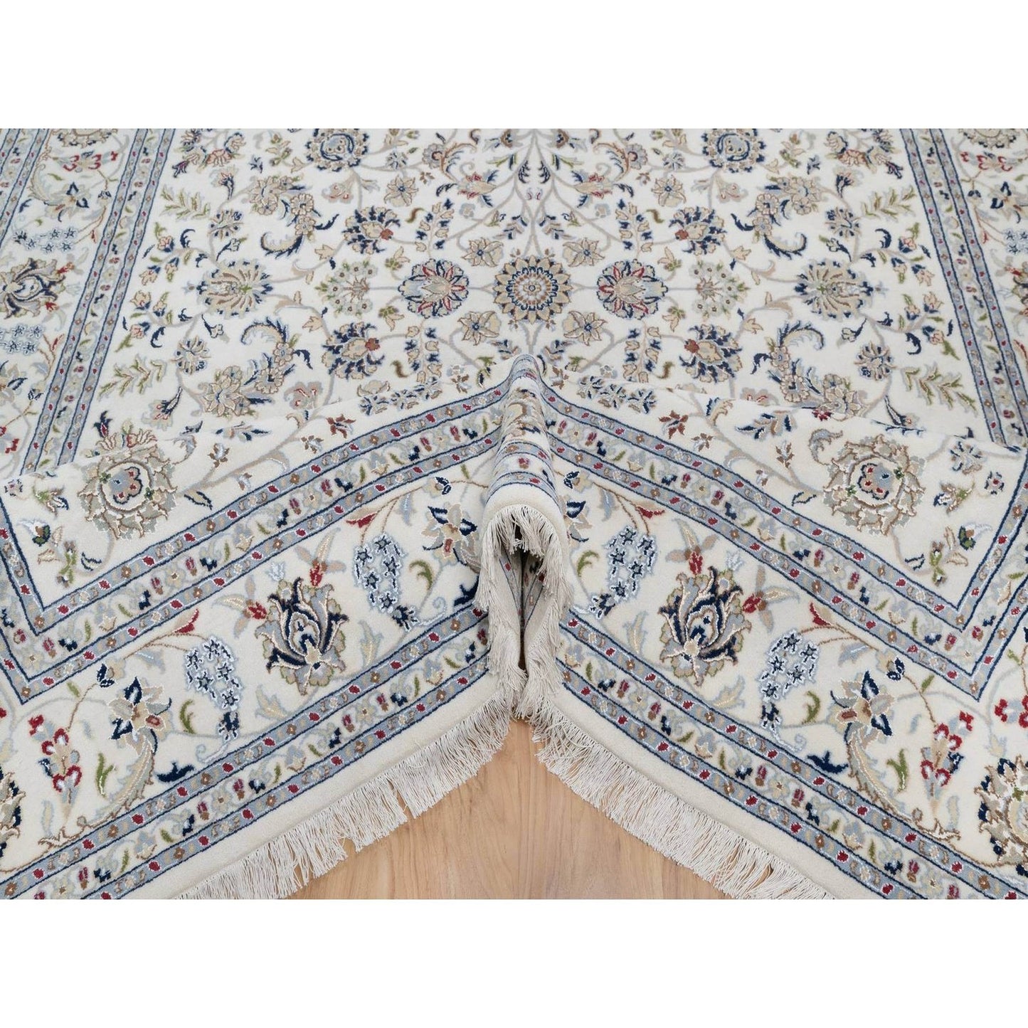 7'10"X10'3" Ivory Nain With Flower Pattern Wool And Silk Hand Knotted Rug