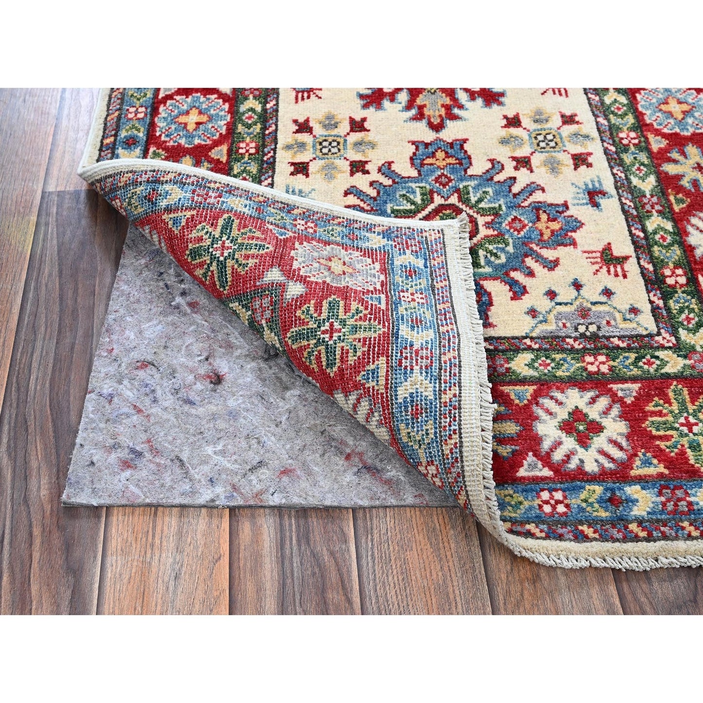 2'6"X4'1" Ivory Kazak Geometric Design Hand Knotted Soft Wool Mat Rug