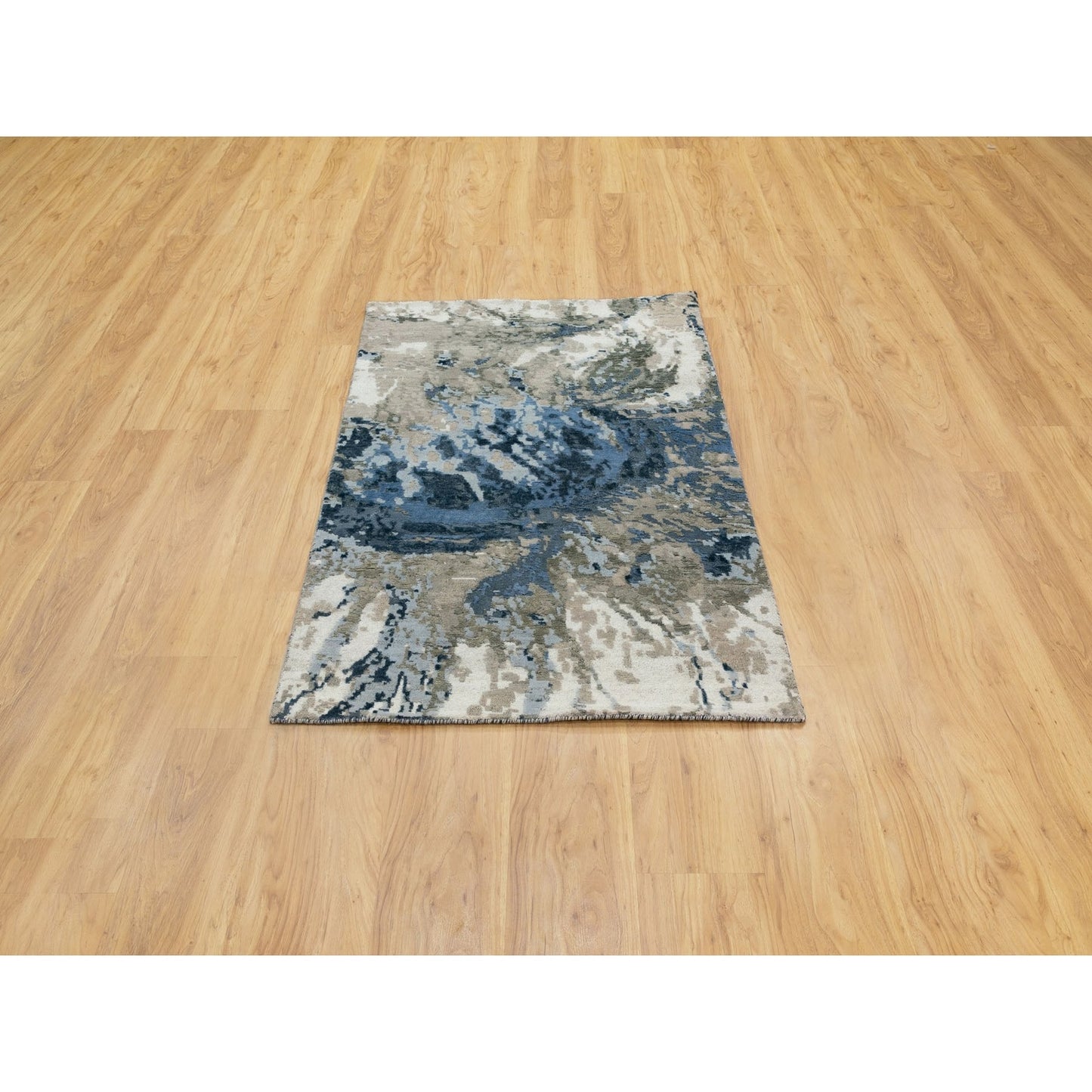 3'1"X5' Blue-Ivory Abstract Design Wool-Silk Hi-Low Pile Hand Knotted Rug
