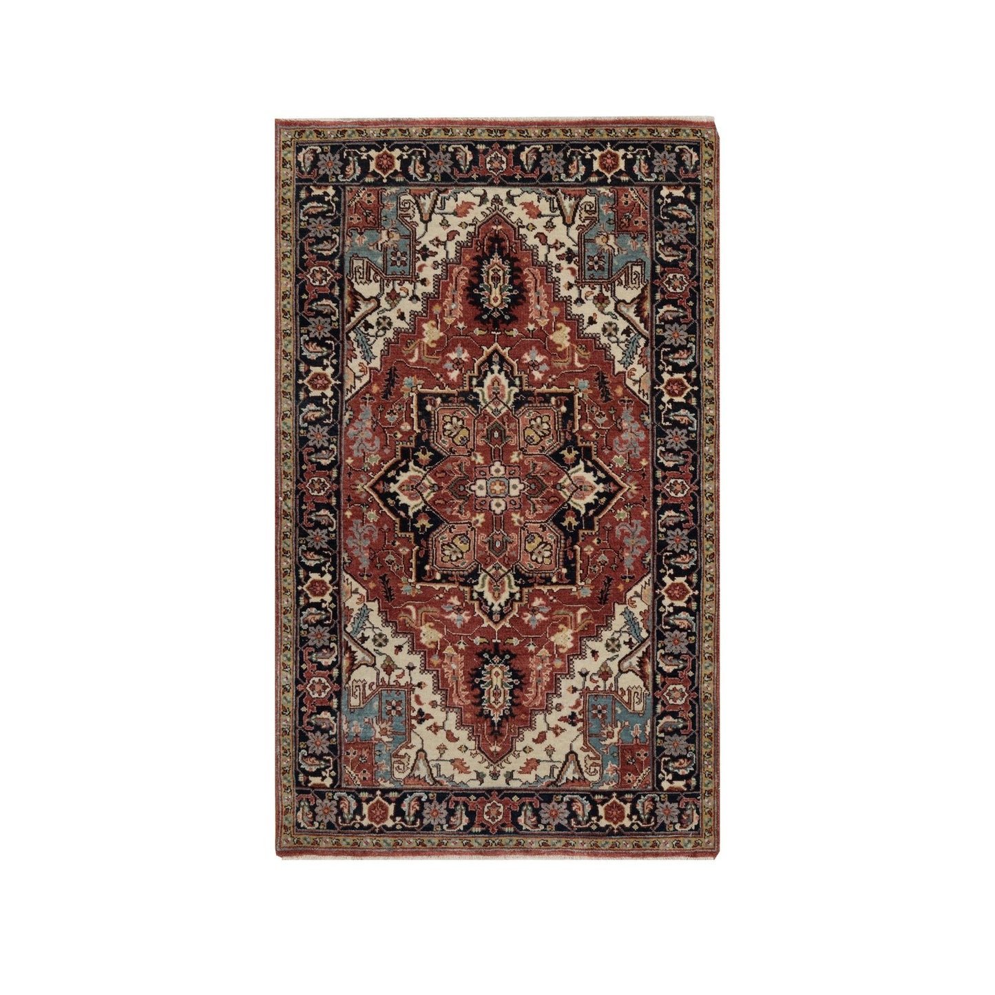 3'X5' Red Antiqued Heris Re-Creation Hand Knotted New Zealand Wool Rug