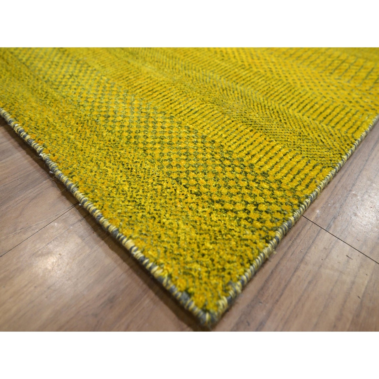 8'10"X12'5" Yellow Modern Grass Design Wool And Silk Hand Knotted Rug