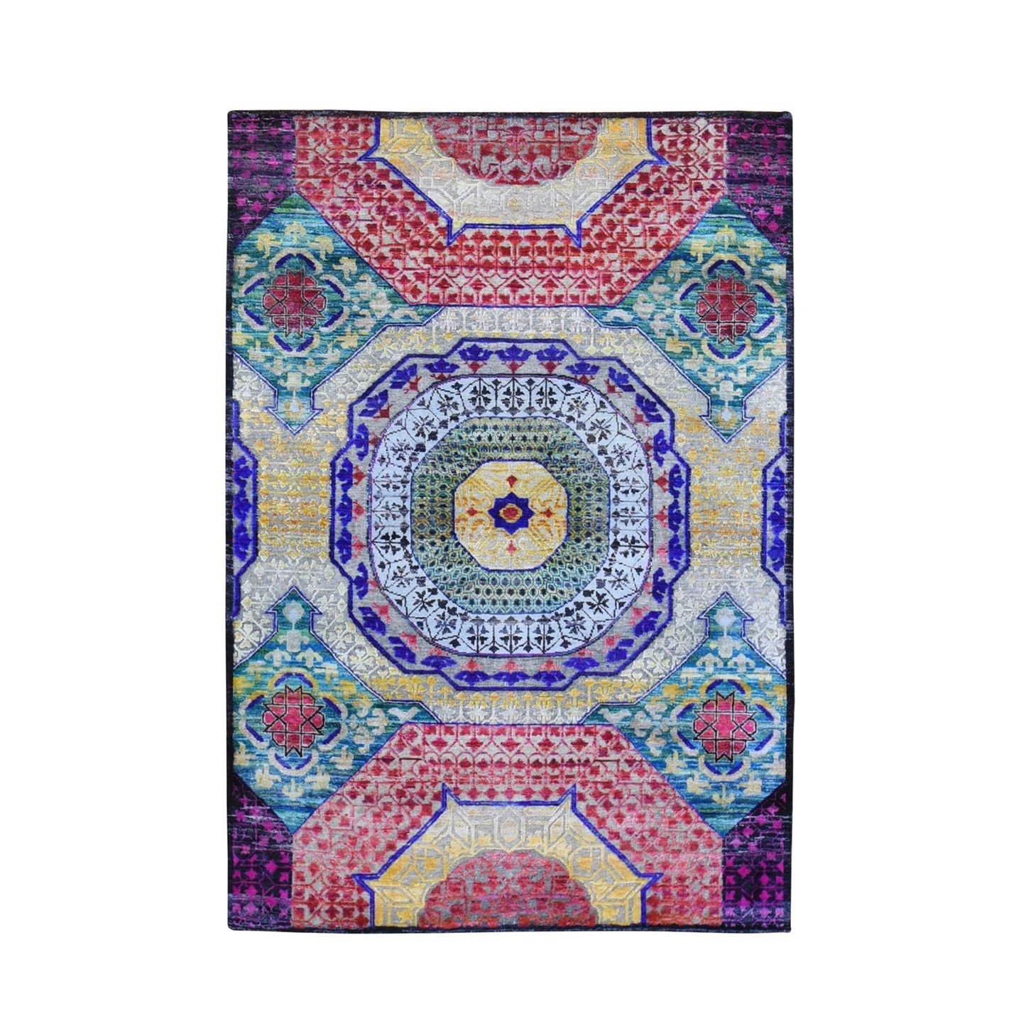 4'X6'2" Sari Silk With Textured Wool Mamluk Design Hand Knotted Rug