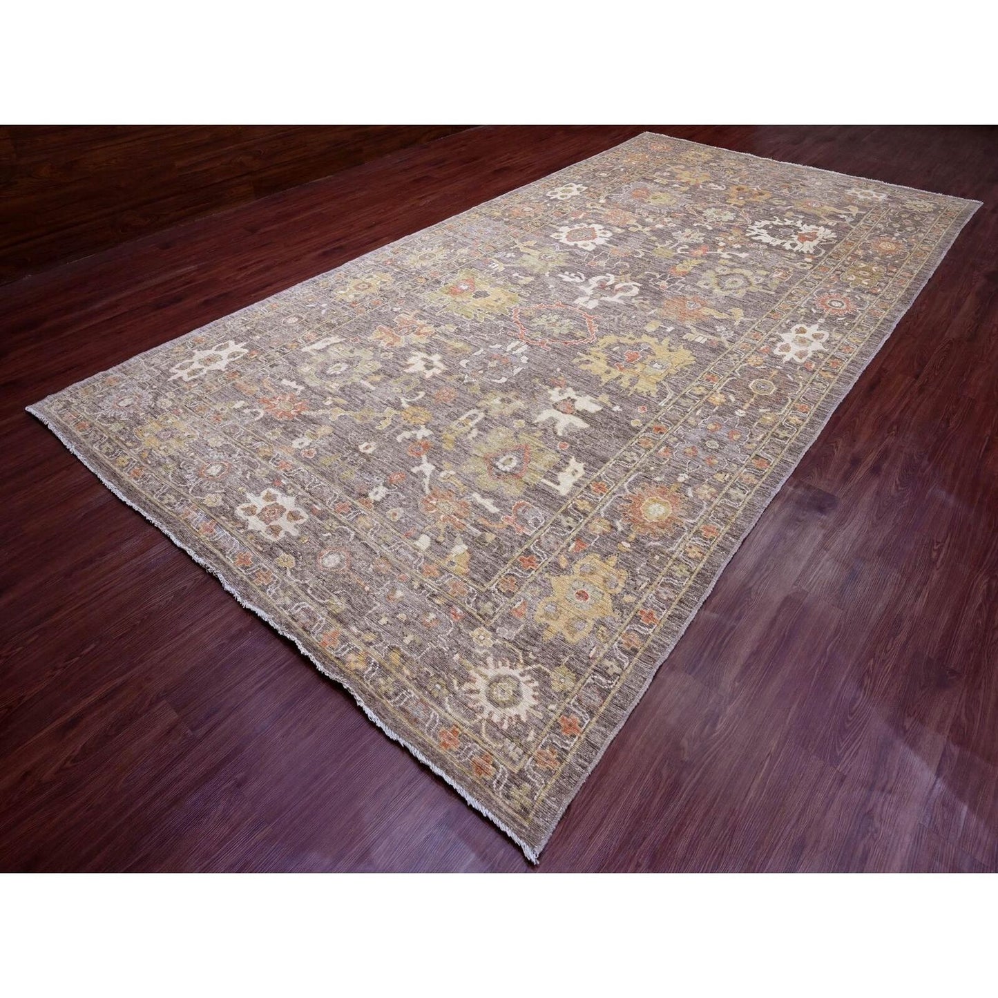 8'X15'7" Brown Pure Wool Afghan Angora Oushak Hand Knotted Runner Rug