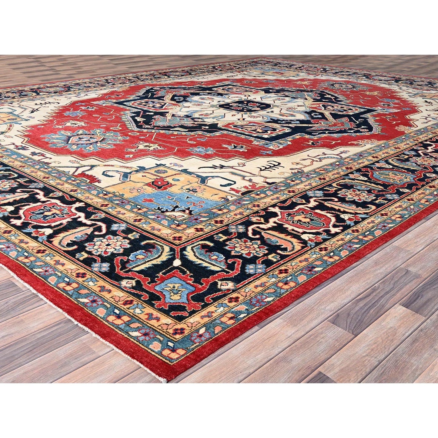 12'1"X15'9" Red Hand Knotted Wool Heris Seeripe Geometric Oversized Rug