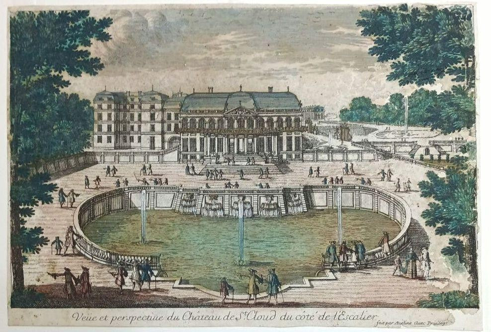 Pierre Aveline 1687 Hand-Colored Engraving Chteau De St. Cloud France Antique