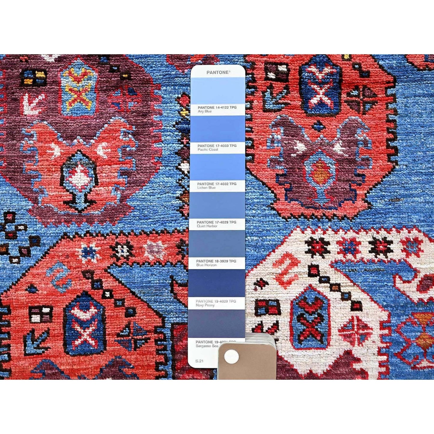 4'3"X5'8" Blue Afghan Caucasian Design Revival Hand Knotted Soft Wool Rug