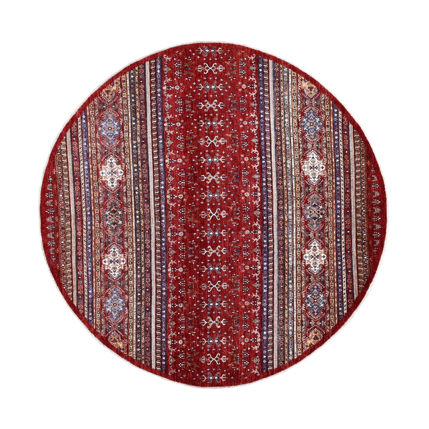9'7"X9'7" Red Round Super Kazak Khorjin Design Natural Wool Oriental Rug