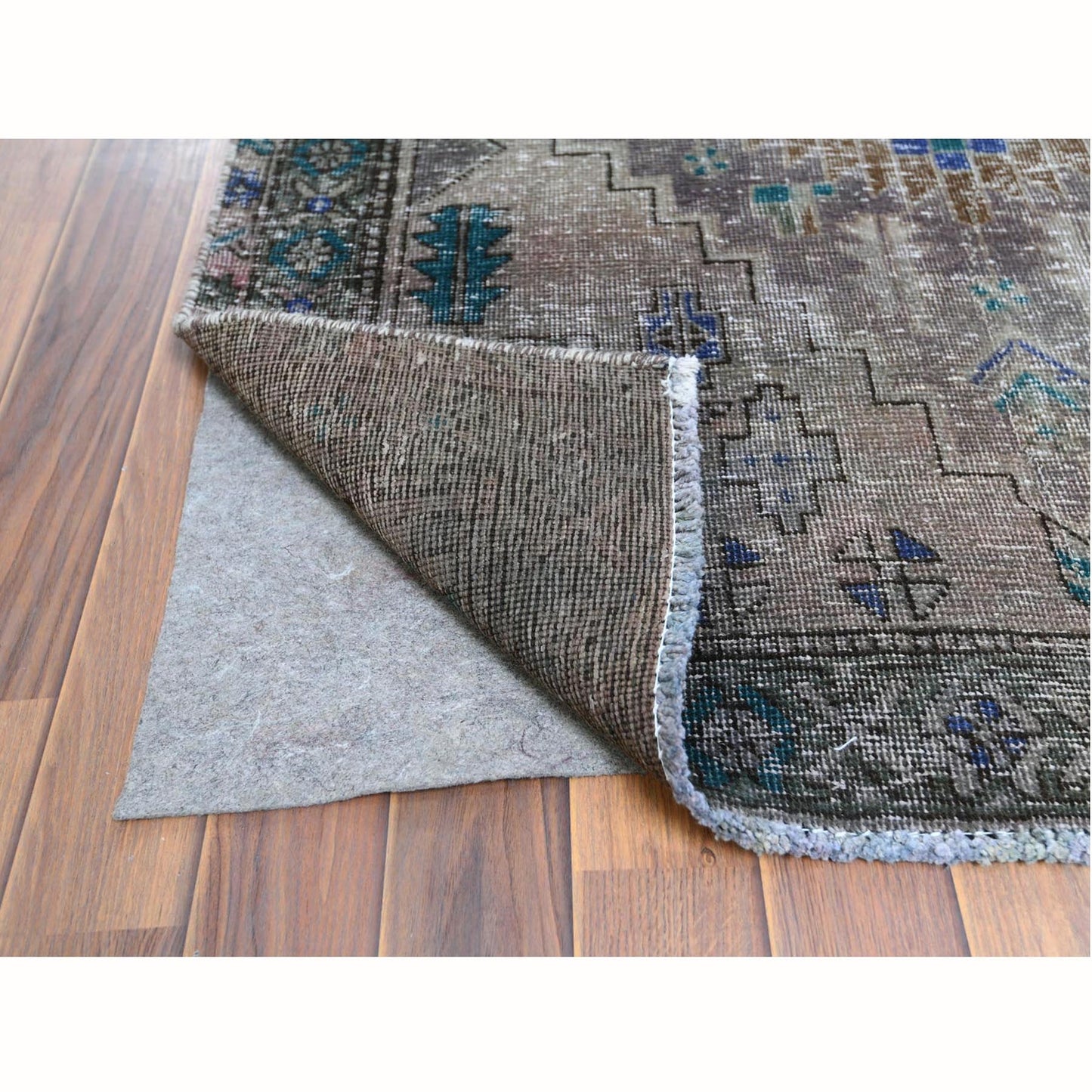 3'8"X11'2" Farsian Amadan Gray Hand Knotted Worn Wool Runner Rug