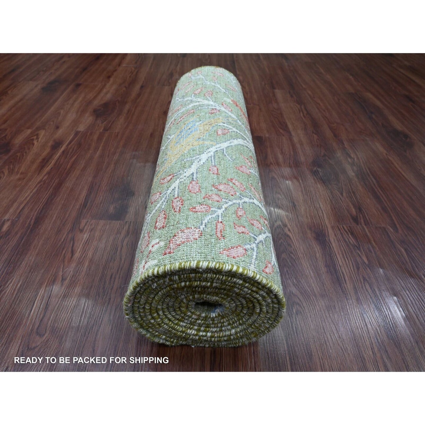 2'7"X15'1" Green Soft Wool Peshawar Birds Design Hand Knotted Runner Rug