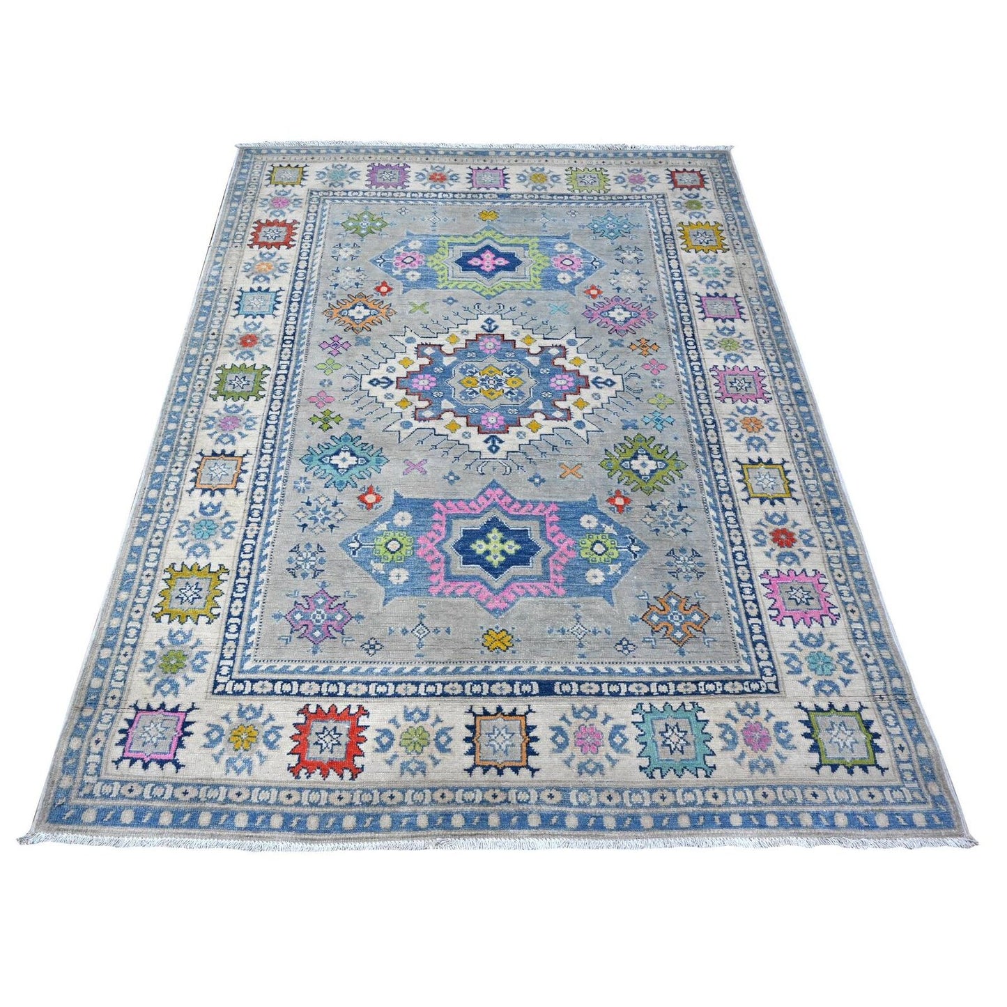 5'X6'4" Cloud Gray Colorful Hand Knotted Fusion Kazak Oriental Rug