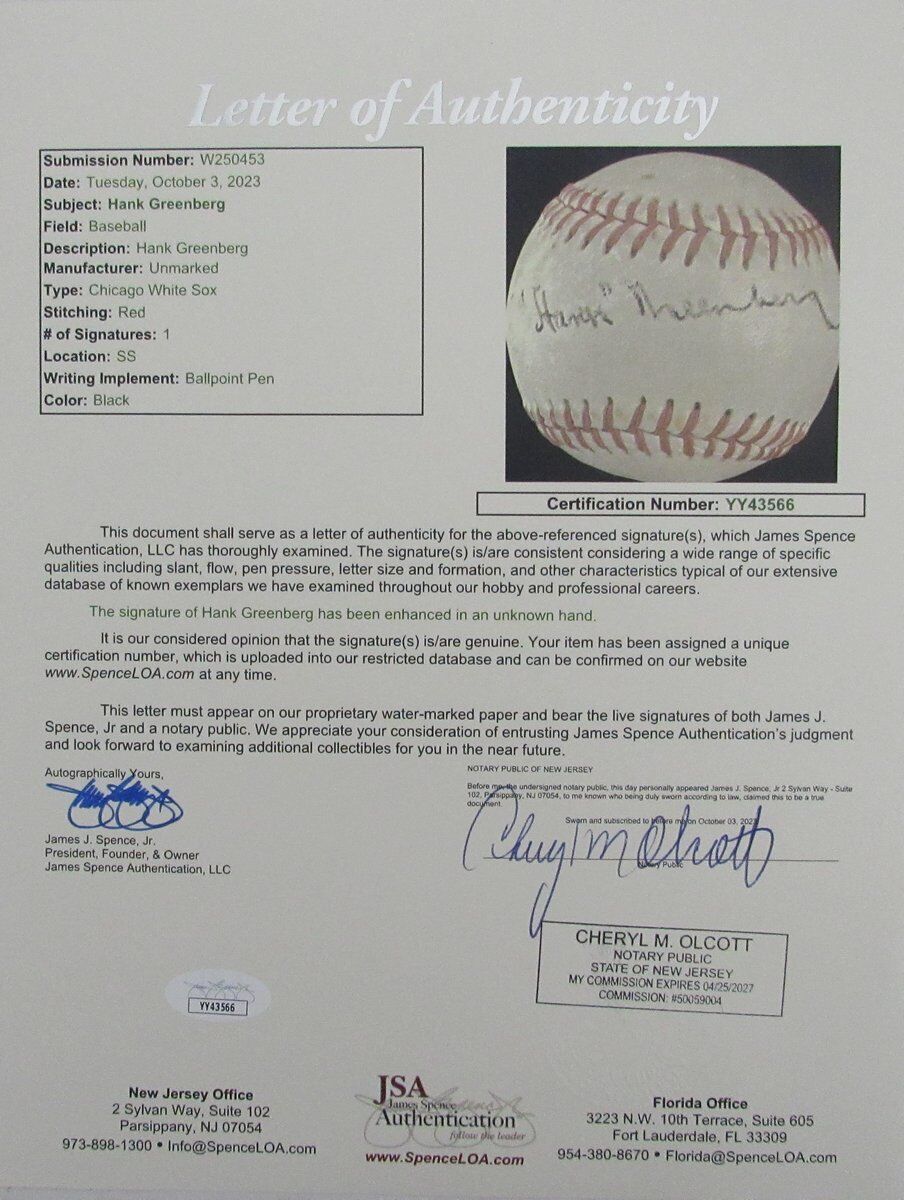 Hank Greenberg Hof Signed/Autographed White Sox