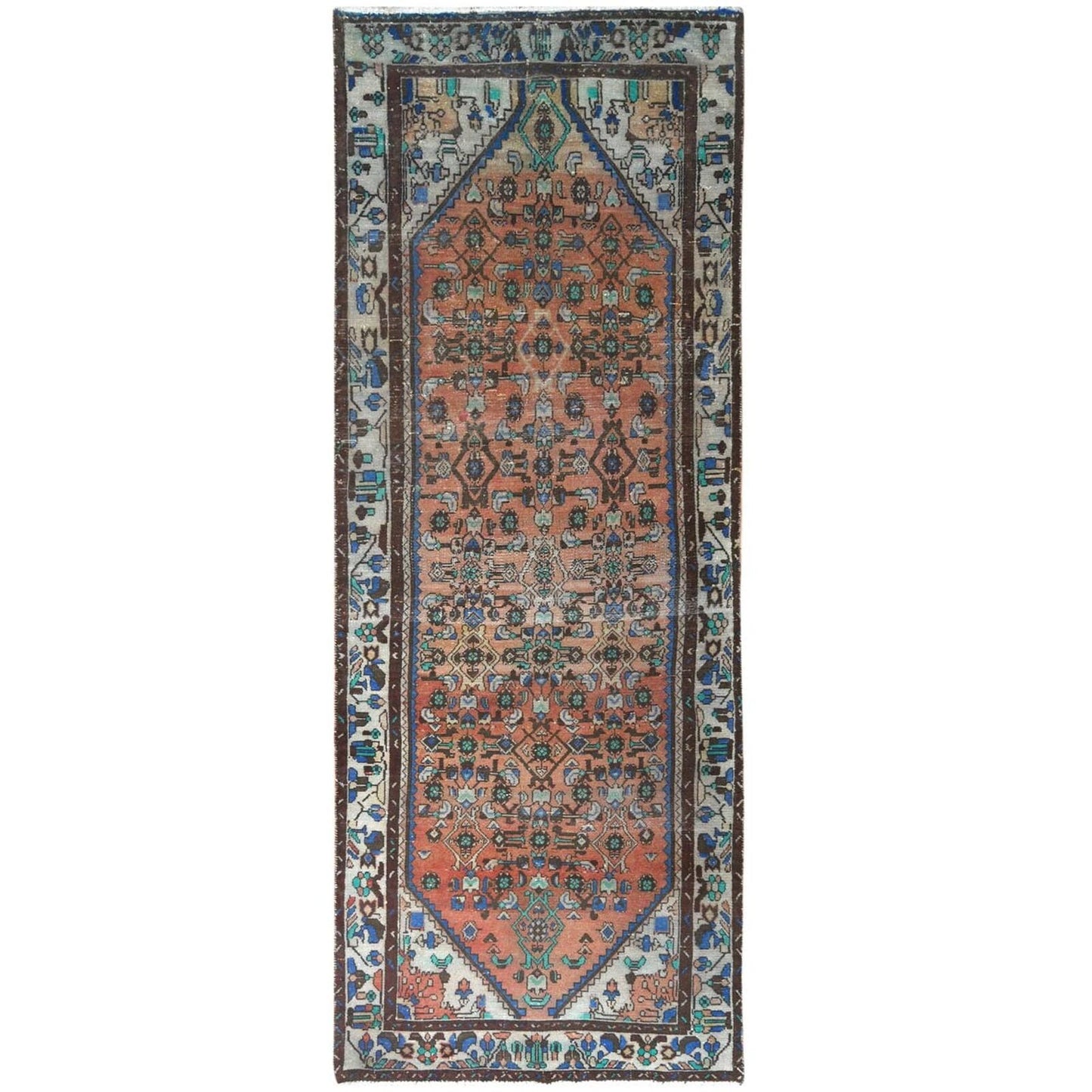 3'9"X9'9" Brown Vintage Farsian Worn Wool Hand Knotted Wide Runner Rug