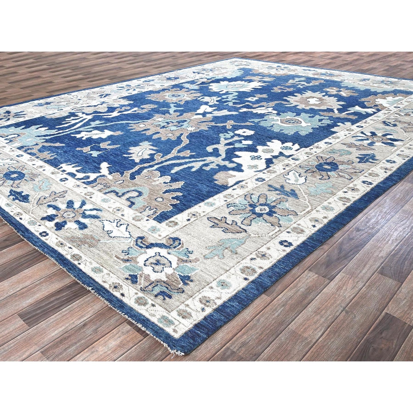 10'4"X13'6" Blue Afghan Oushak All Over Leaf Design Wool Hand Knotted Rug