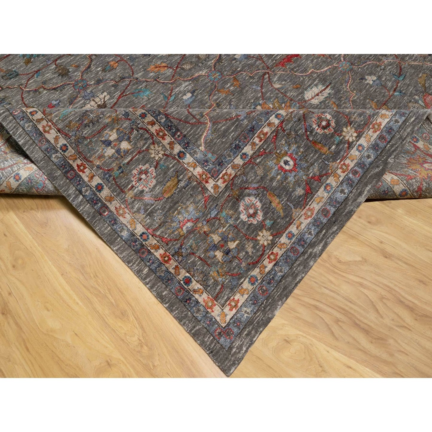 9'X12'1" Brown Scrolls Leaf Design Striae Hand Knotted Silk And Wool Rug