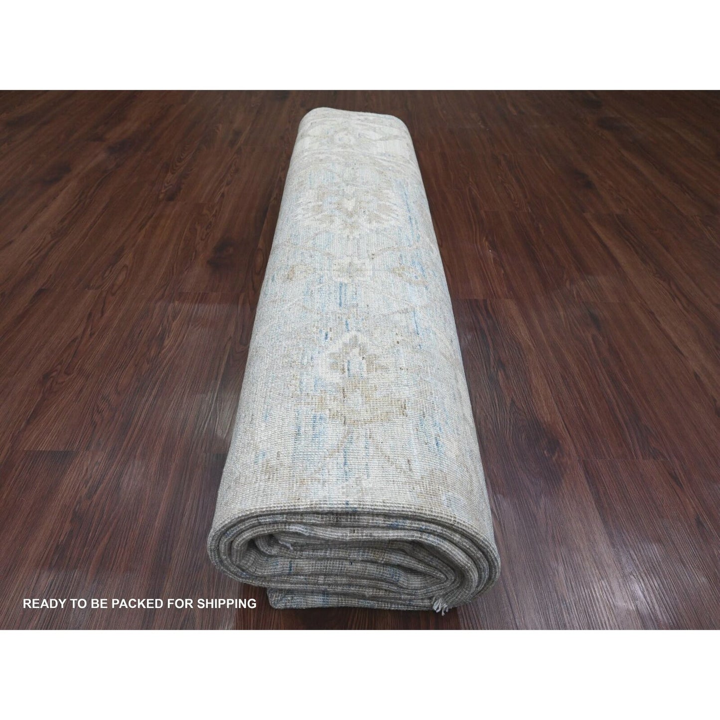 8'8"X12' Blue White Wash Peshawar Leaf Design Hand Knotted Pure Wool Rug