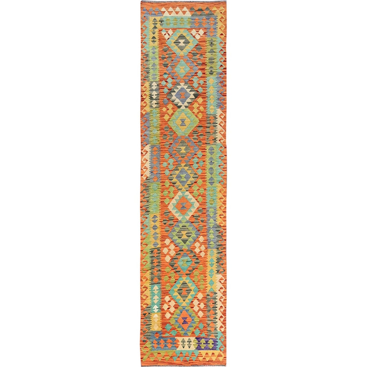 2'9"X12'8" Orange Afghan Kilim Pure Wool Hand Woven Flat Weave Runner Rug